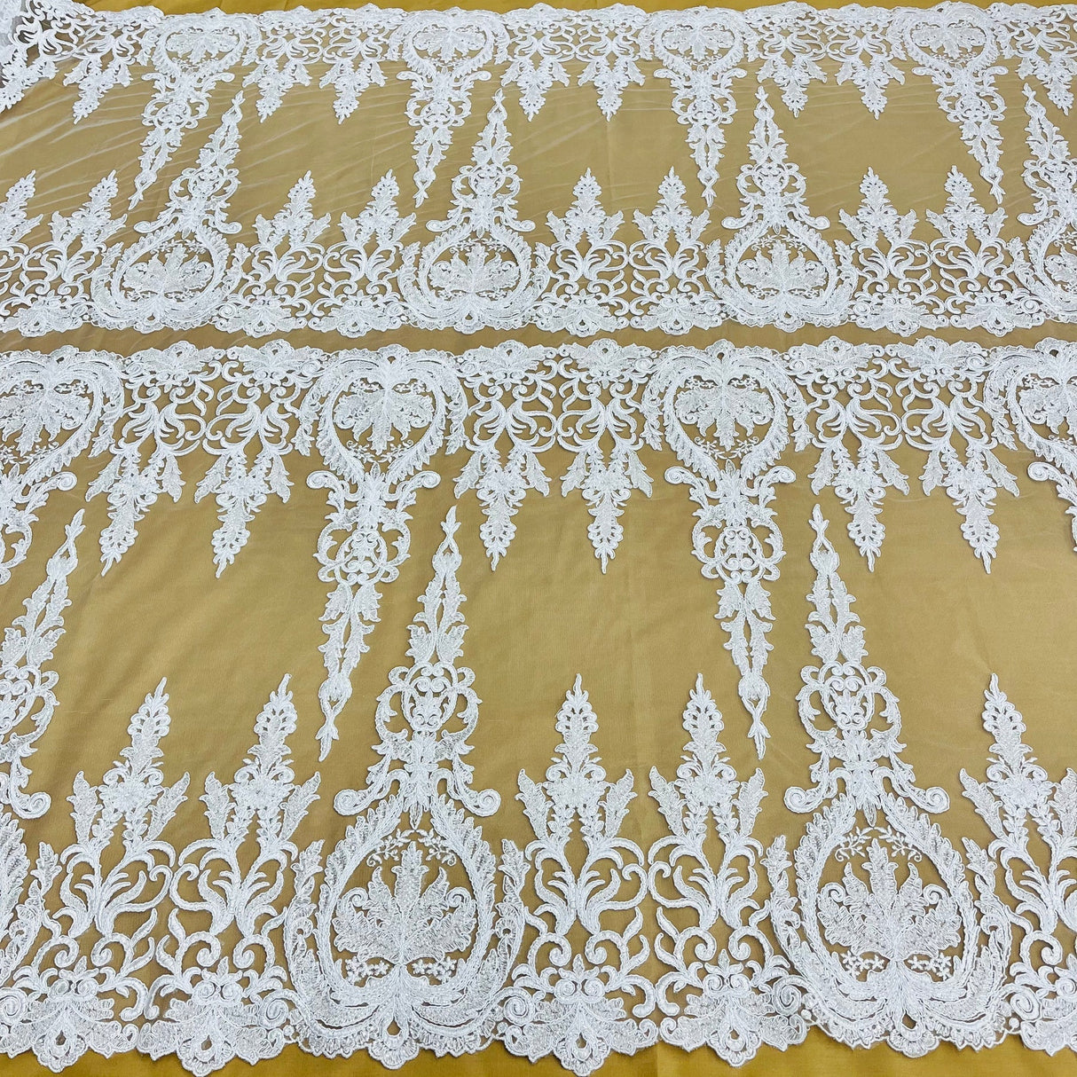1 Yard Beaded & Corded Bridal Lace Fabric on Polyester Net Mesh, Embroidered Lace Fabric, 51" Width