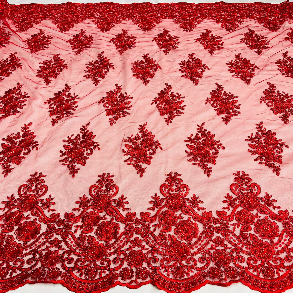 1 Yard Dusty Rose Beaded Corded Lace Fabric with Scallops Embroidered on 100% Poly Metallic 54 Inch Wide