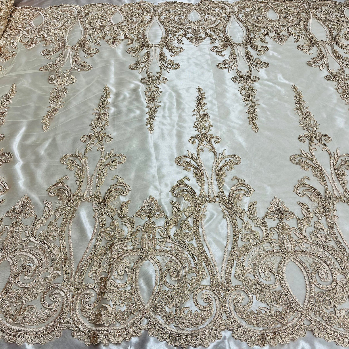 1 Yard Gold Metallic Beaded & Corded Bridal Lace Fabric, Embroidered Polyester Net Mesh, 54" Wide
