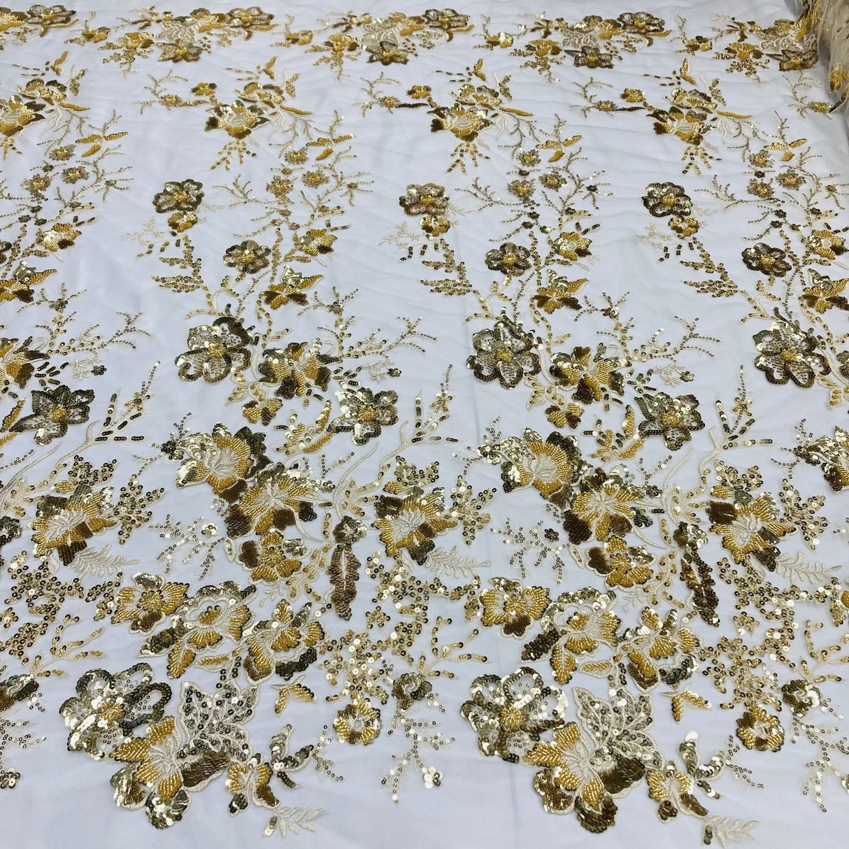 1 Yard Ivory Gold Beaded & Sequined Embroidered Lace Fabric on Polyester Mesh 48" Width