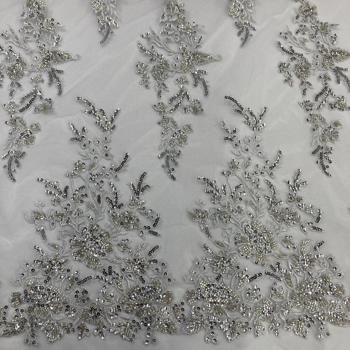 1 Yard Beaded & Sequined Embroidered Lace Fabric on Polyester Mesh, 52" Wide