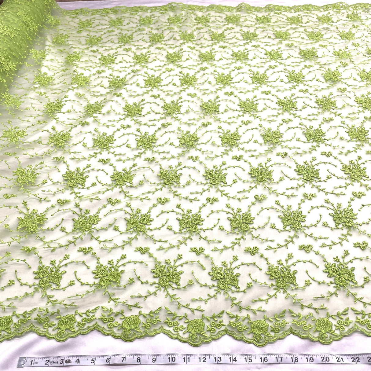 1 Yard Lime Green Corded embroidery and delicate detailing Fabric, 52 Inches Wide