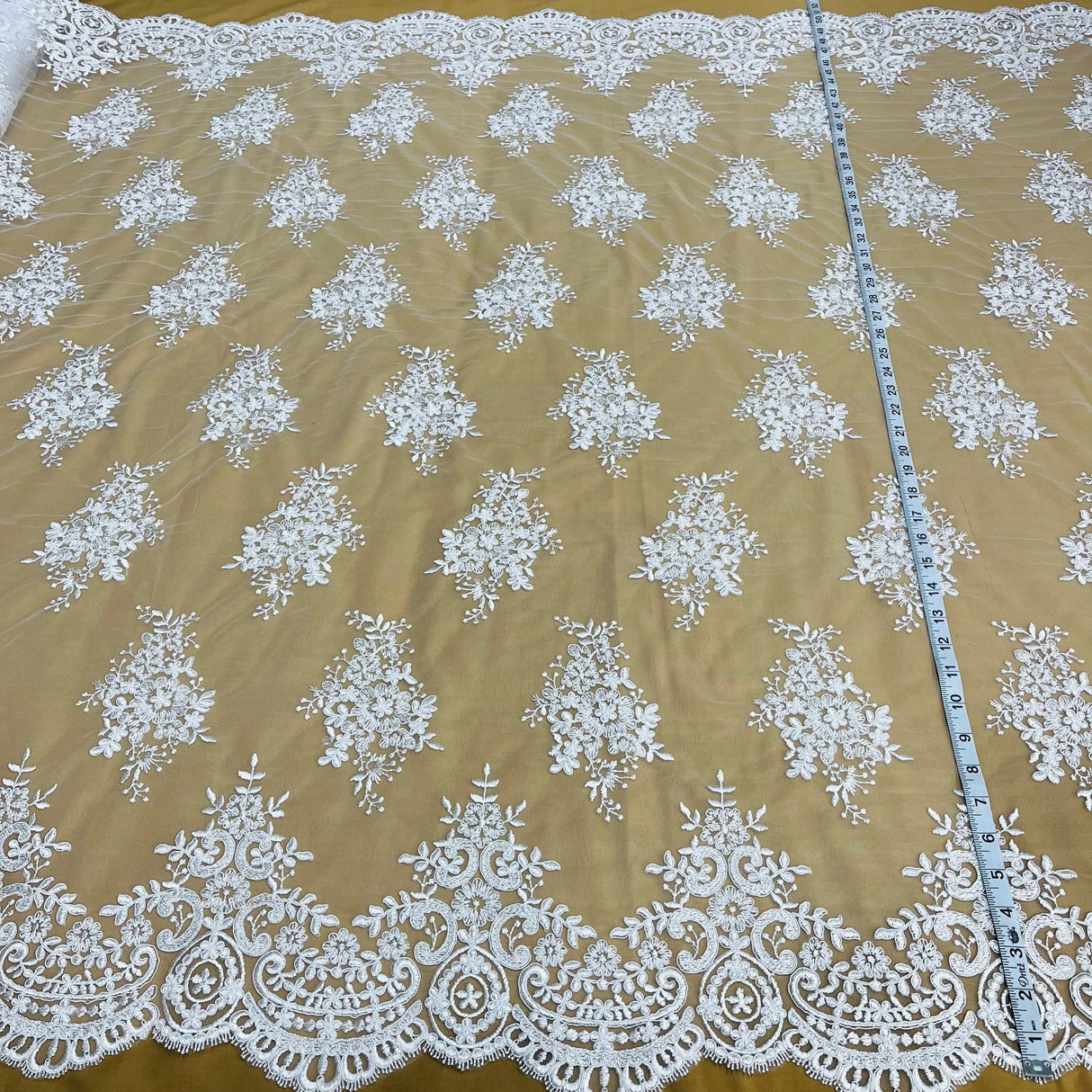 1 Yard White Elegant Corded Bridal Lace Fabric Embroidered on Polyester Net Mesh 56" Width