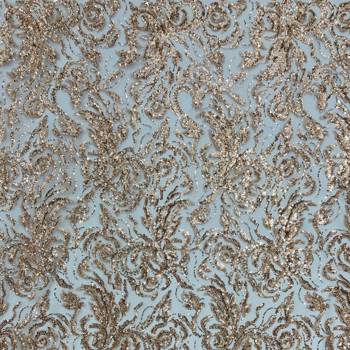 1 Yard Rose Gold Beaded & Sequined Embroidered Lace Fabric on Polyester Mesh, 54” Width,