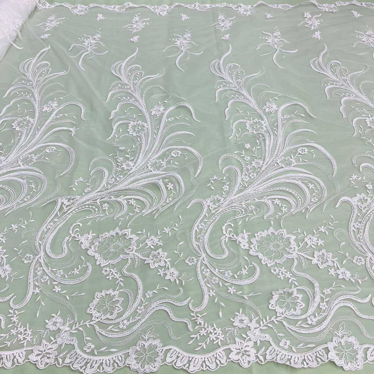 1 Yard Ivory Corded Bridal Lace Fabric Embroidered Elegant Mesh 54" Width