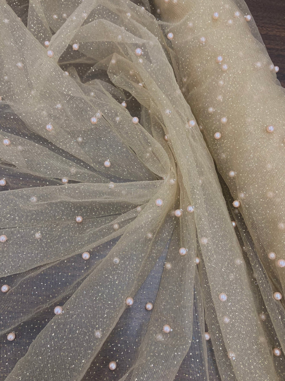 1 Yard Hunter Green Glitter Mesh Fabric with Scattered Pearls Stretch 60 Inch Width