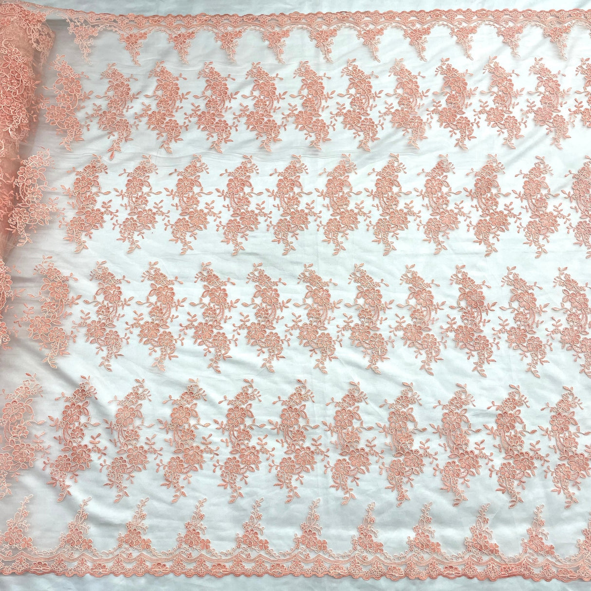 1 Yard Peach Corded Bridal Lace Fabric Embroidered Polyester Net Mesh 54 Inch Width