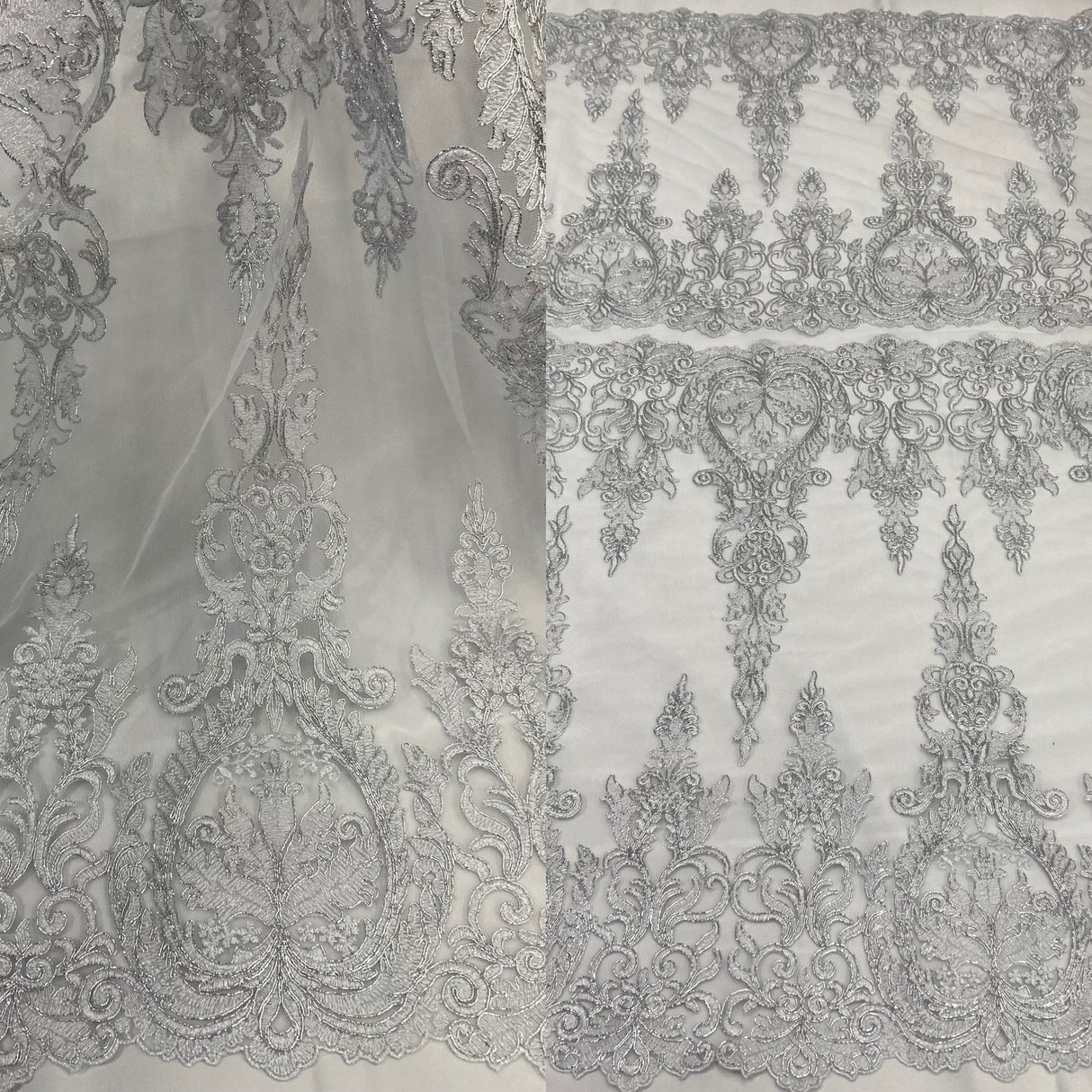 1 Yard White Corded Bridal Lace Fabric Embroidered on Polyester Net Mesh 52 inch Width