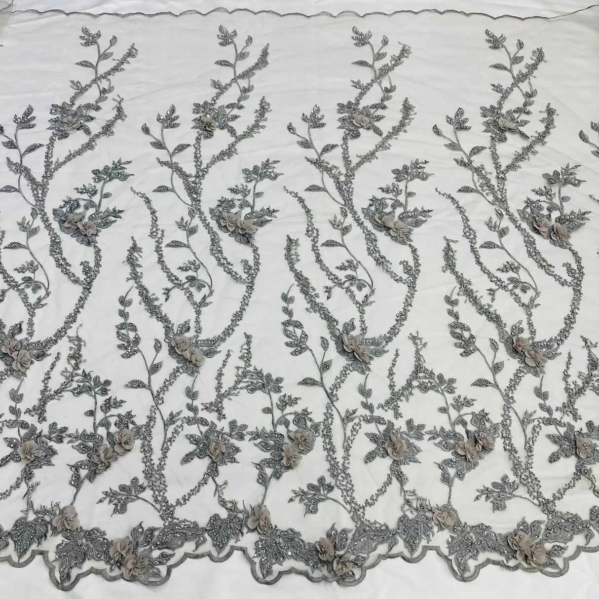 1 Yard Blush Beaded 3D Floral Lace Fabric Embroidered on Polyester Net Mesh 48 inch Width