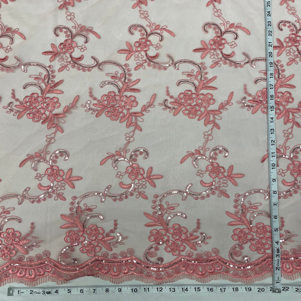 1 Yard Dusty Rose Sequined and Corded Lace Fabric on Percent Polyester Net Mesh 54 Inch Width