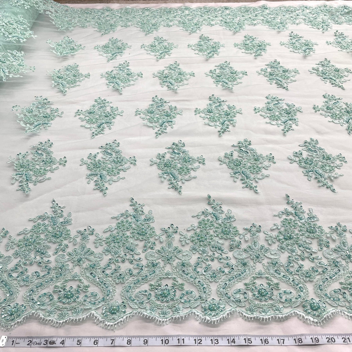 1 Yard Elegant Beaded and Corded Bridal Lace Fabric Embroidered on Polyester Net Mesh Sage 54" Width
