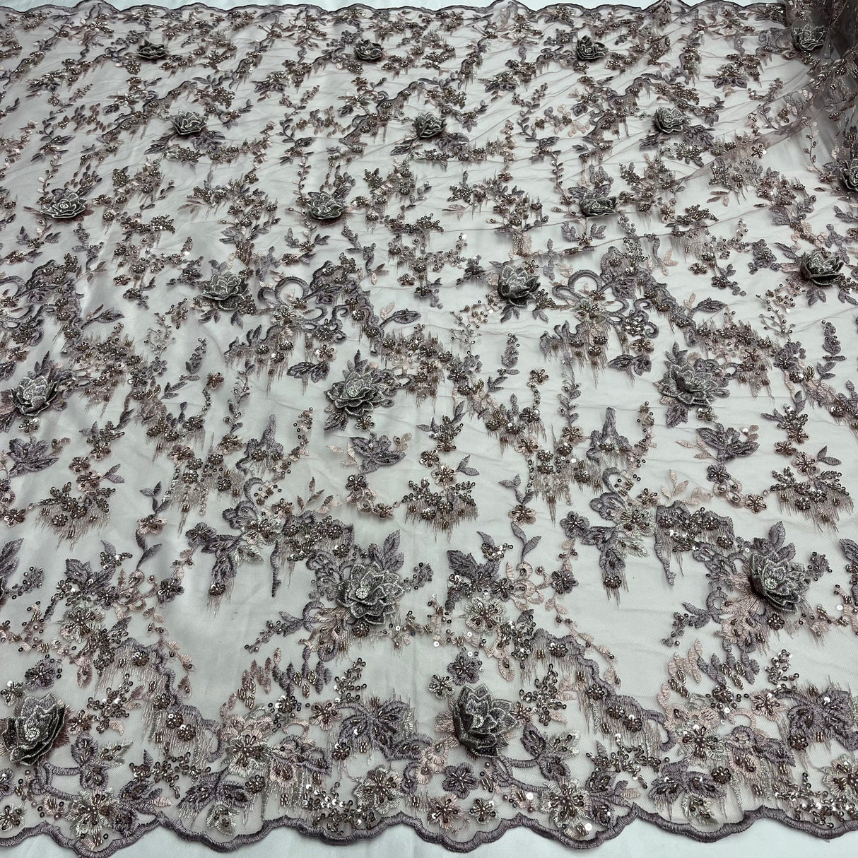 1 Yard Beaded Rhinestone 3D Floral Lace Fabric for Bridal Dresses Dance Costumes 50" Width