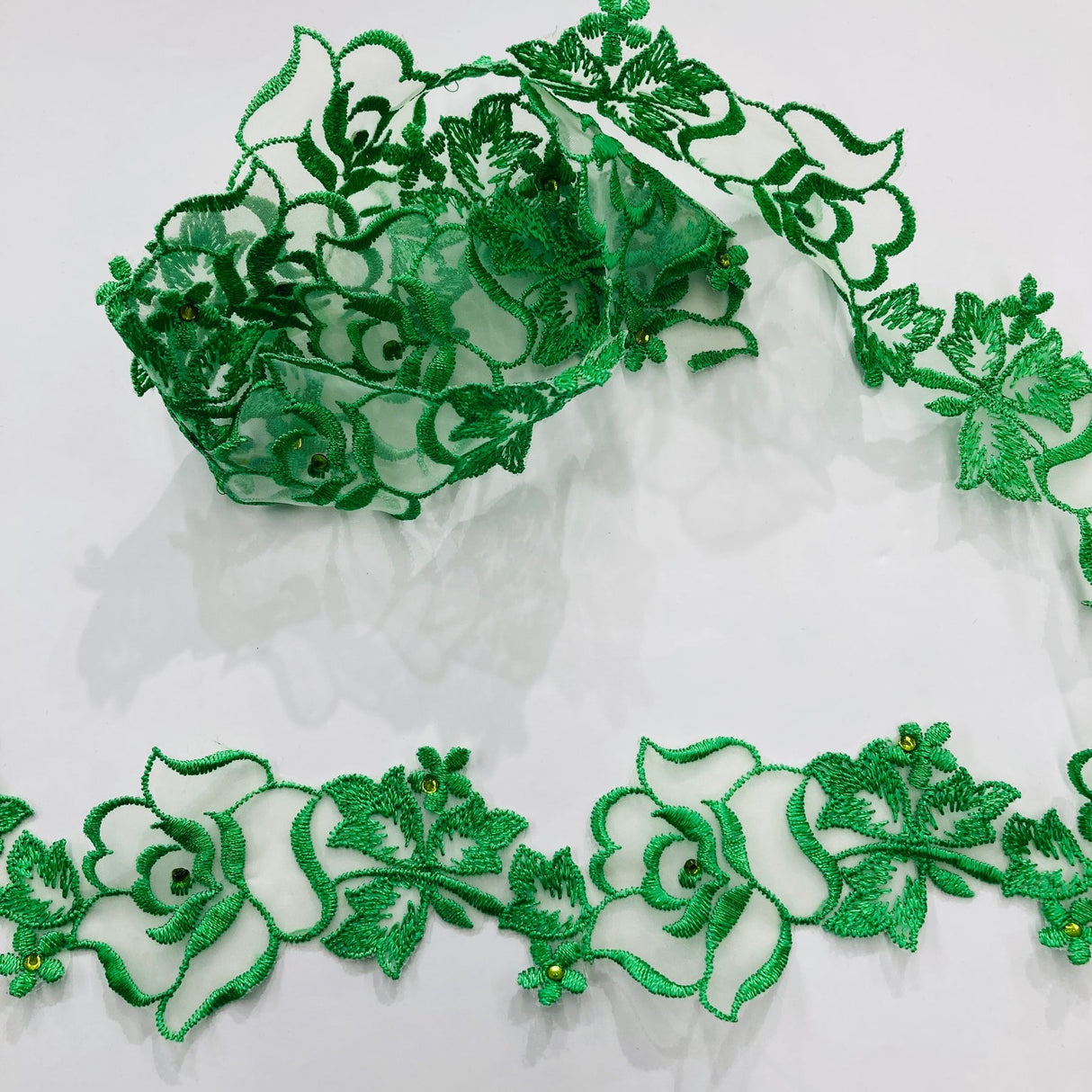 1 Yard Beaded Lace Trimming Embroidered on Organza | 2" Wide | Decorative Trim for Gowns & Costumes