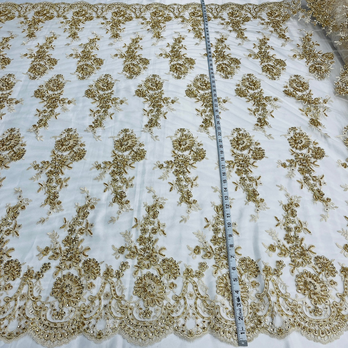 1 Yard Gold Beaded Corded Bridal Lace Fabric on Polyester Mesh, 53" Wide, Embroidered Luxury Fabrication