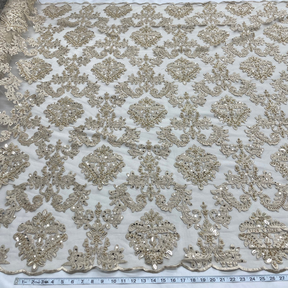 1 Yard Elegant Beaded Lace Fabric Embroidered on Polyester Net Mesh for Special Occasions 56" Width
