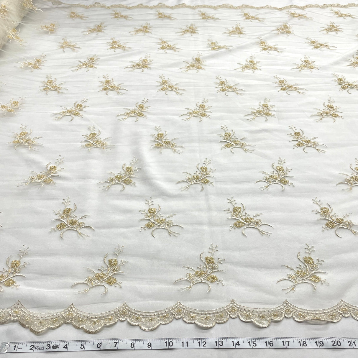 1 Yard Antique Gold Beaded Lace Fabric Embroidered on Polyester Net Mesh 52 Inch Width