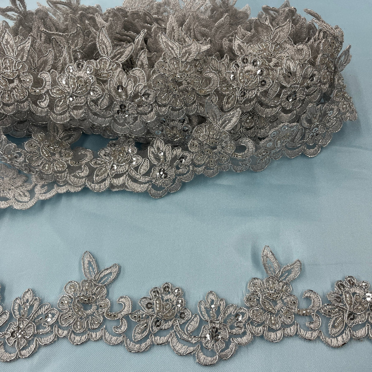 1 Yard Luxury Beaded & Corded Lace Trimming Embroidered on Polyester Net Mesh for Bridal and Special Occasion Dresses 2 Inch Width