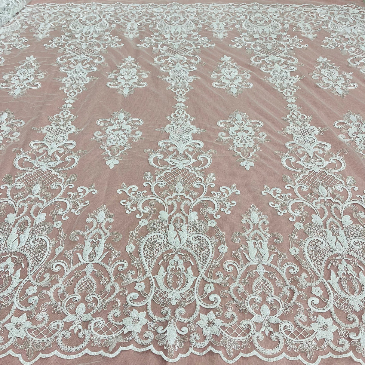 1 Yard Ivory Beaded & Sequined Embroidered Lace Fabric on 100% Polyester Mesh, 54" Wide,