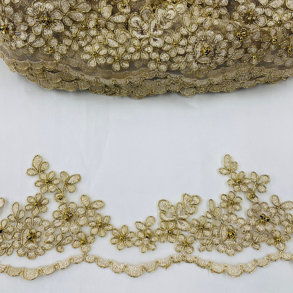 1 Yard Premium Beaded & Corded Lace Trimming on Polyester Net Mesh for Wedding Gowns