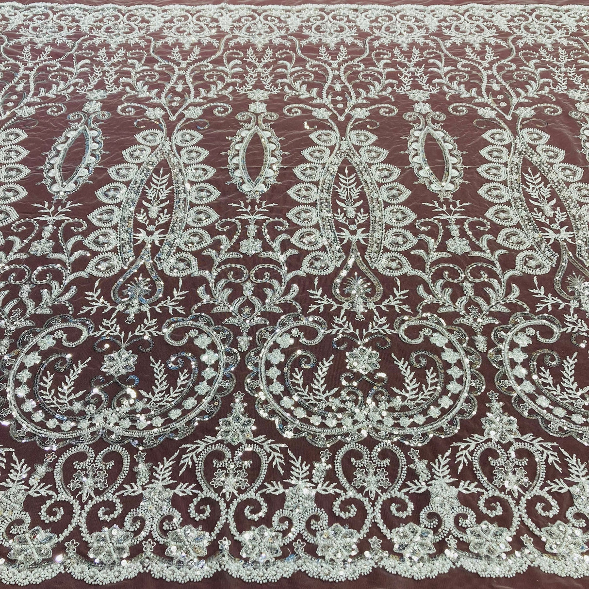 1 Yard Beaded Lace with Sequins & Pearls 52″ Wide Embroidered Polyester Mesh for Bridal & Couture Fashion