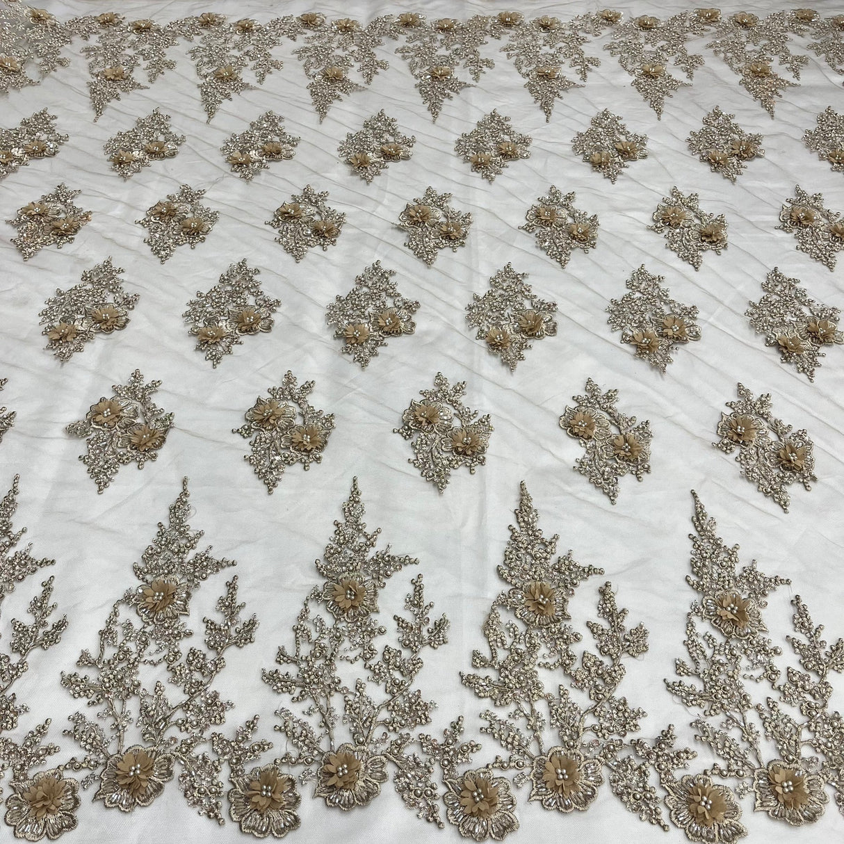 1 Yard Elegant Beaded and Corded Bridal Lace Fabric Embroidered on Polyester Net Mesh 52 inch Width