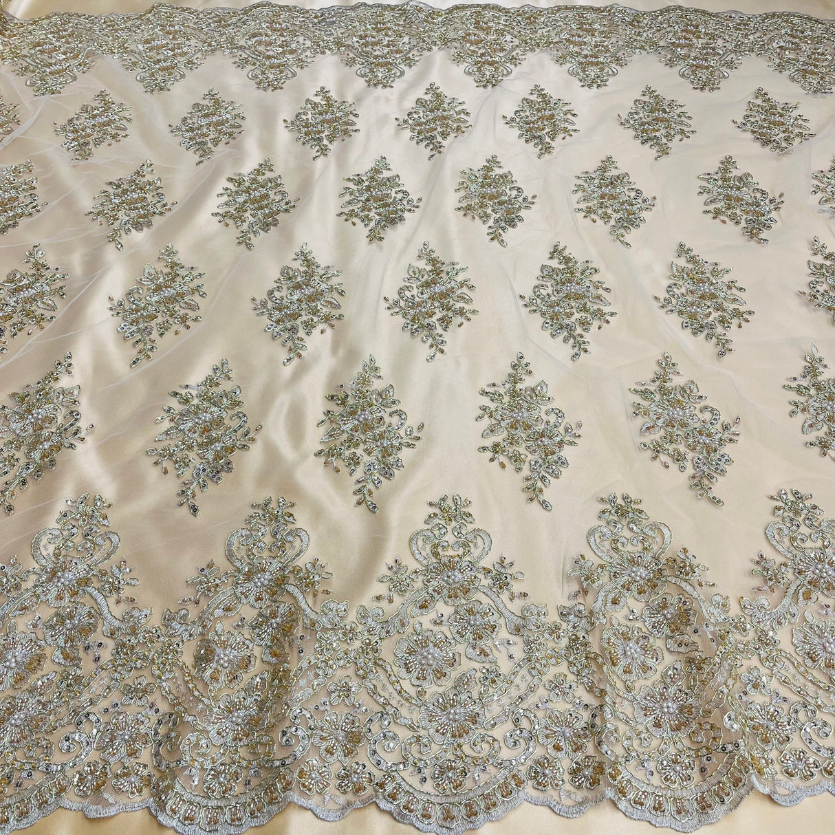 1 Yard Dusty Rose Beaded Corded Lace Fabric with Scallops Embroidered on 100% Poly Metallic 54 Inch Wide