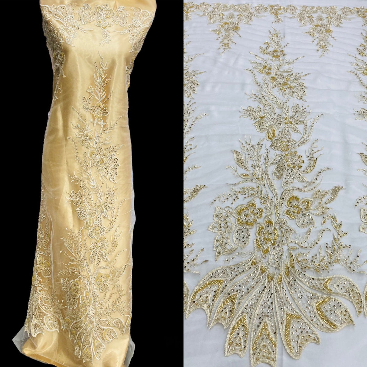 1 Yard Gold Beaded Sequined Lace Fabric Embroidered on Polyester Net Mesh 50 inch Width