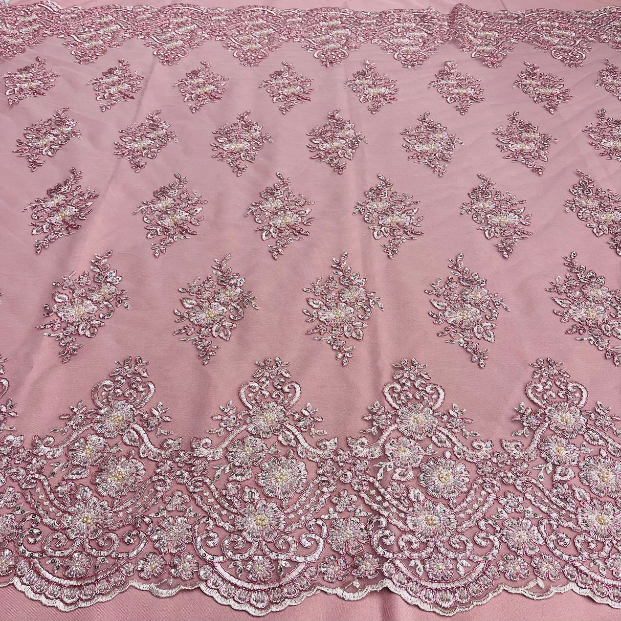 1 Yard Dusty Rose Beaded Corded Lace Fabric with Scallops Embroidered on 100% Poly Metallic 54 Inch Wide