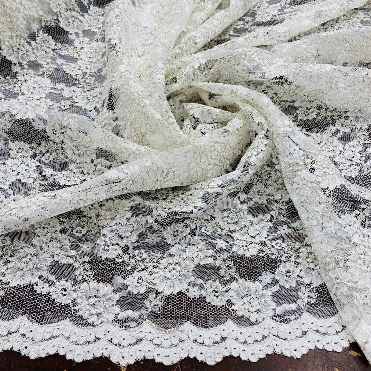 1 Yard Corded Bridal Lace Fabric Embroidered on Net Mesh 54" Width