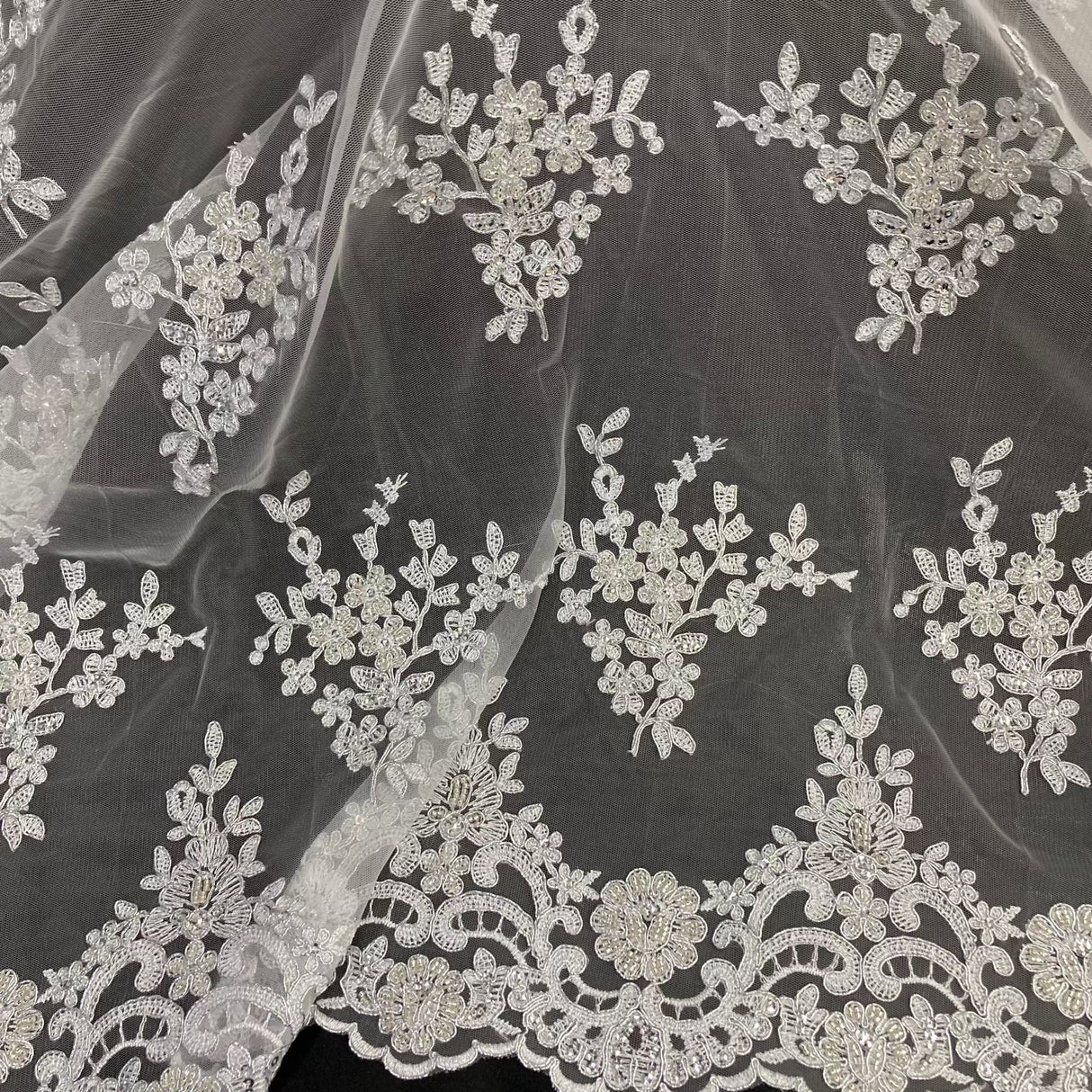 1 Yard Gold Beaded Corded Bridal Lace Fabric Embroidered on Polyester Net Mesh 56 inch Width