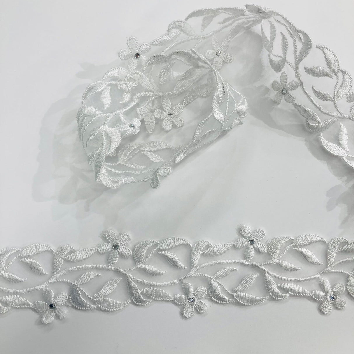 1 Yard Beaded Lace Trimming Embroidered on Organza | 2" Wide | Elegant Trim for Bridal & Formalwear