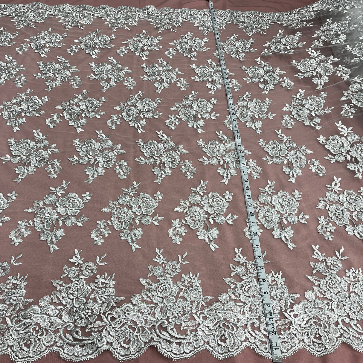 1 Yard Luxurious Corded Bridal Lace Fabric Embroidered on Soft Polyester Net Mesh 51" Width