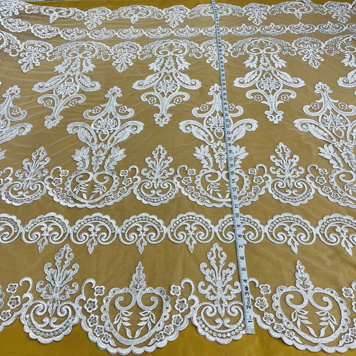 1 Yard Elegant Beaded and Corded Bridal Lace Fabric Embroidered on Polyester Net Mesh 51" Width