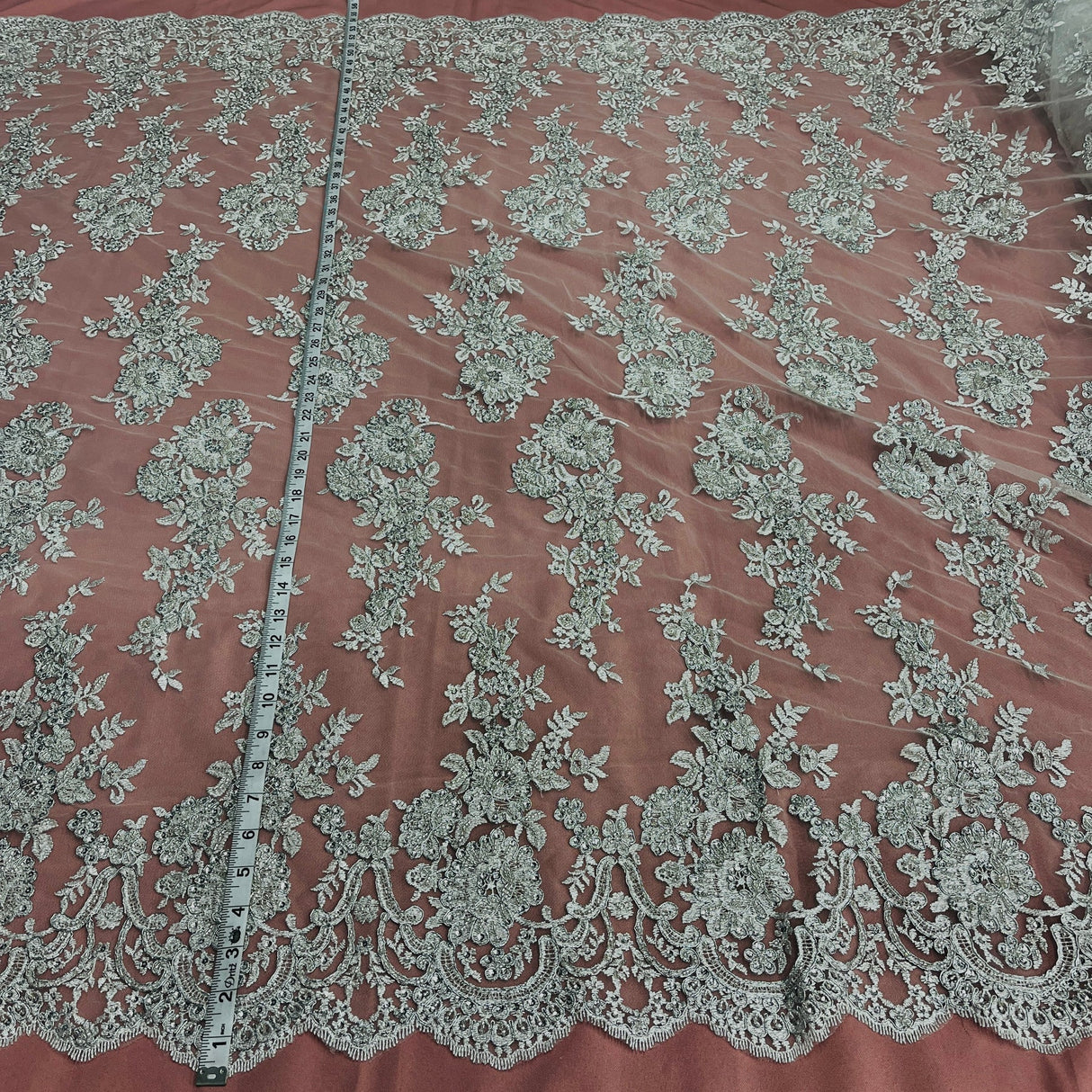 1 Yard Gold Beaded Corded Bridal Lace Fabric on Polyester Mesh, 53" Wide, Embroidered Luxury Fabrication
