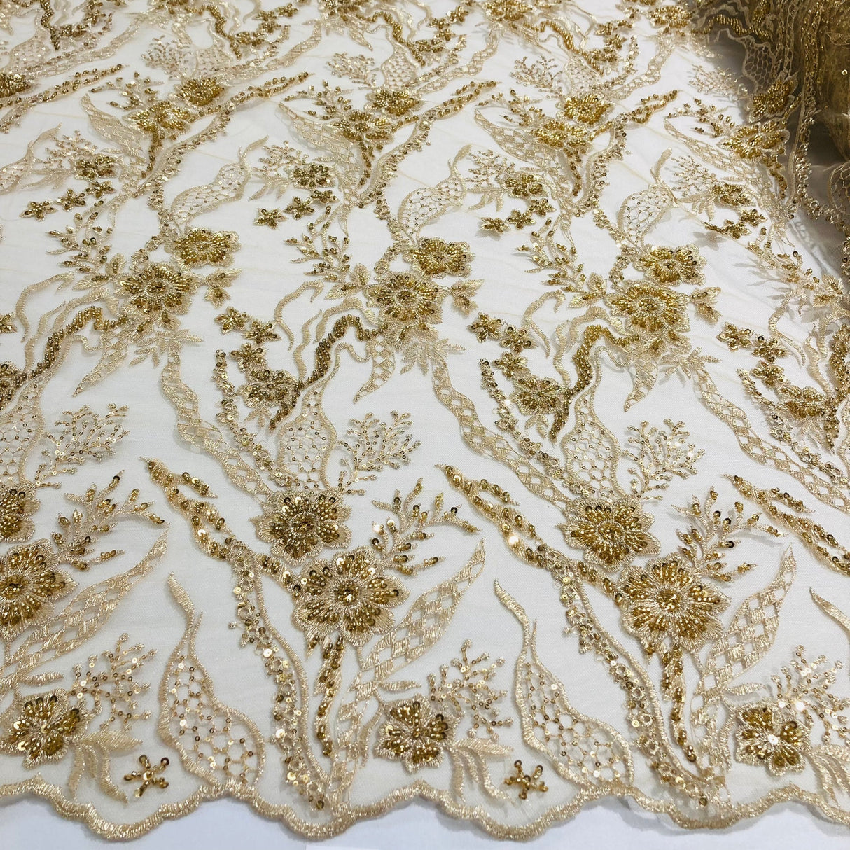 1 Yard Beaded Lace Fabric Embroidered on 100% Polyester Net Mesh 50" Width