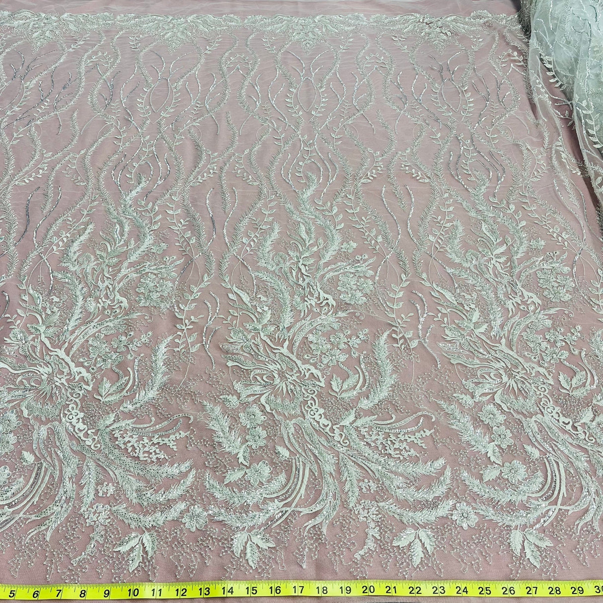 1 Yard Beaded Lace Fabric Hand-Embroidered with Pearls & Sequins on Polyester Net Mesh for Bridal, Evening & Couture Wear 56" Wide