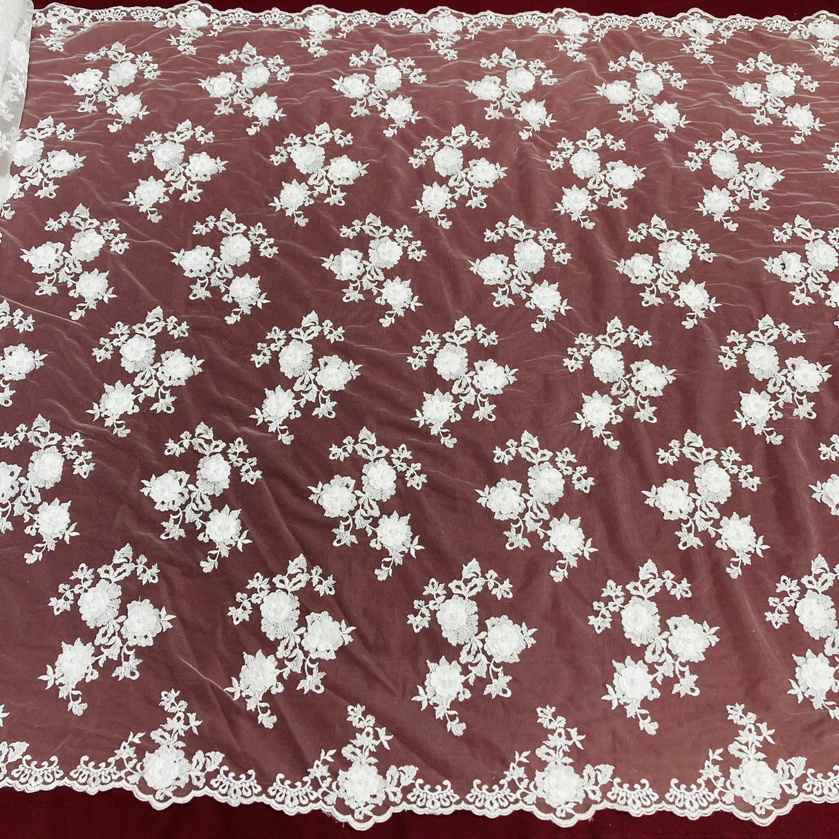 1 Yard White Beaded 3D Floral Lace Fabric Embroidered Elegant Mesh Dress 51" Width
