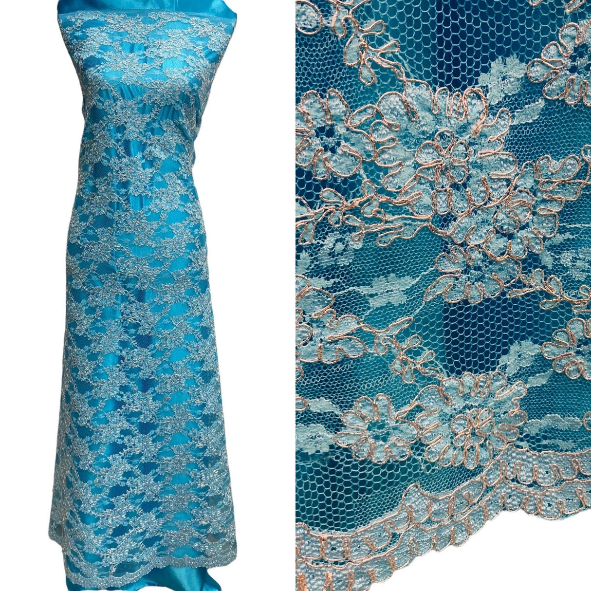 1 Yard Corded Bridal Lace Fabric Embroidered on Net Mesh 54" Width