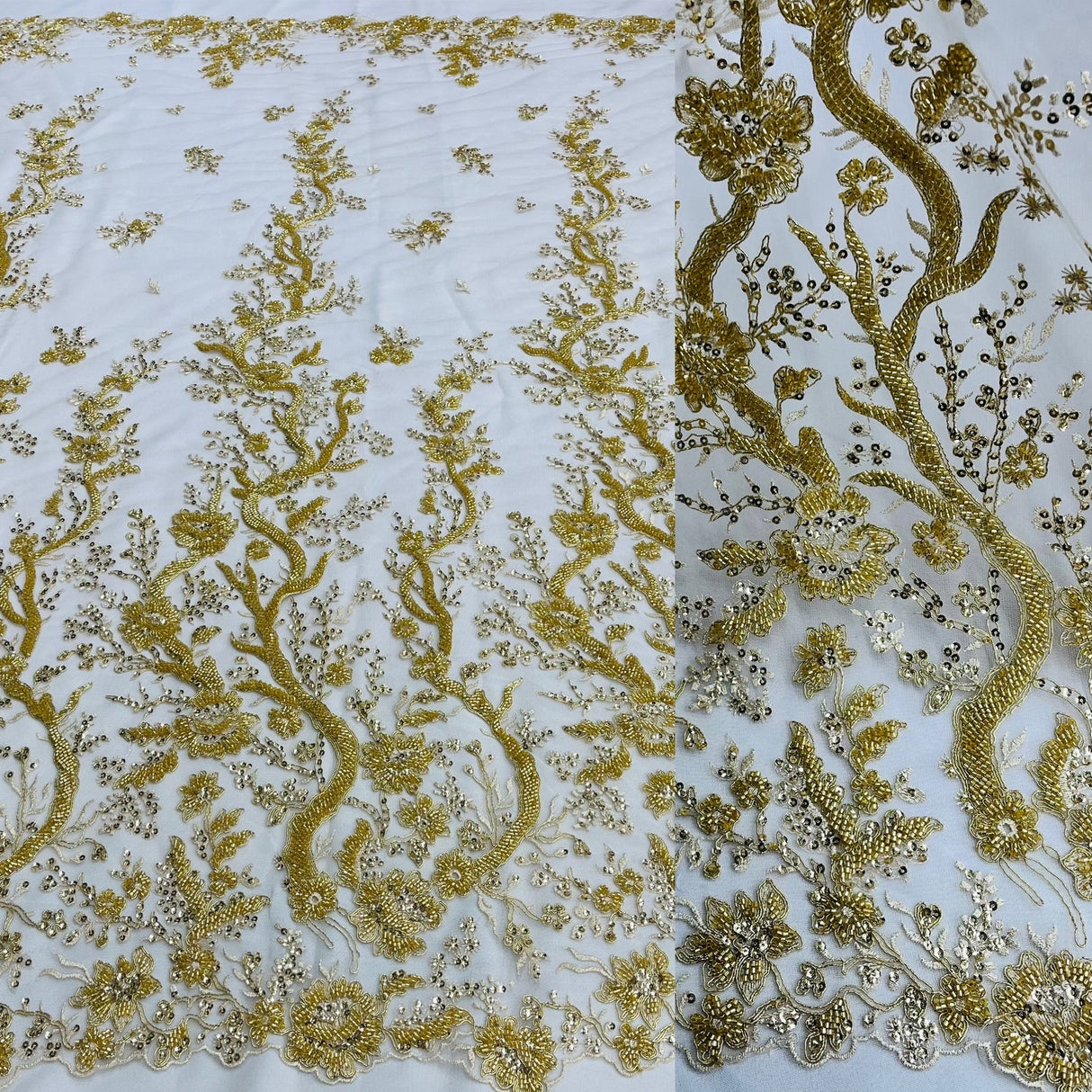 1 Yard Beaded Corded Bridal Lace Fabric, Embroidered Polyester Net Mesh, 51" Width, White