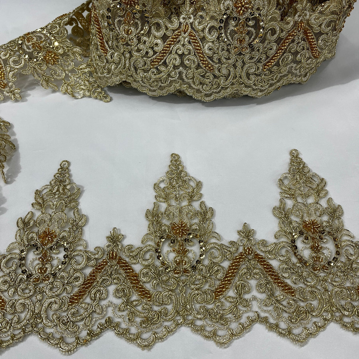 1 Yard Embroidered on 100% Polyester Organza 6″ Wide Beaded & Corded Lace Trimming