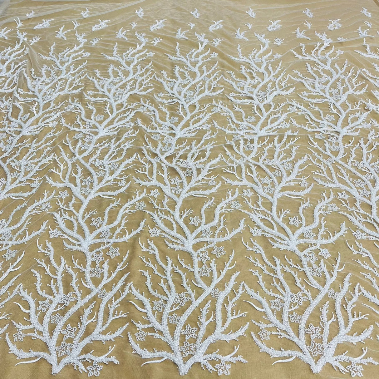 1 Yard Beaded Lace Fabric with Fuzzy Thread Embroidery on Polyester Net Mesh, 54" Wide Bridal & Evening Fabric