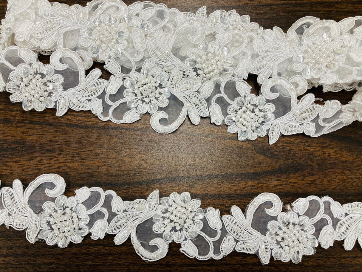 1 Yard Handmade Beaded & Corded Lace Trimming Embroidered on Polyester Organza 2 Inch Width