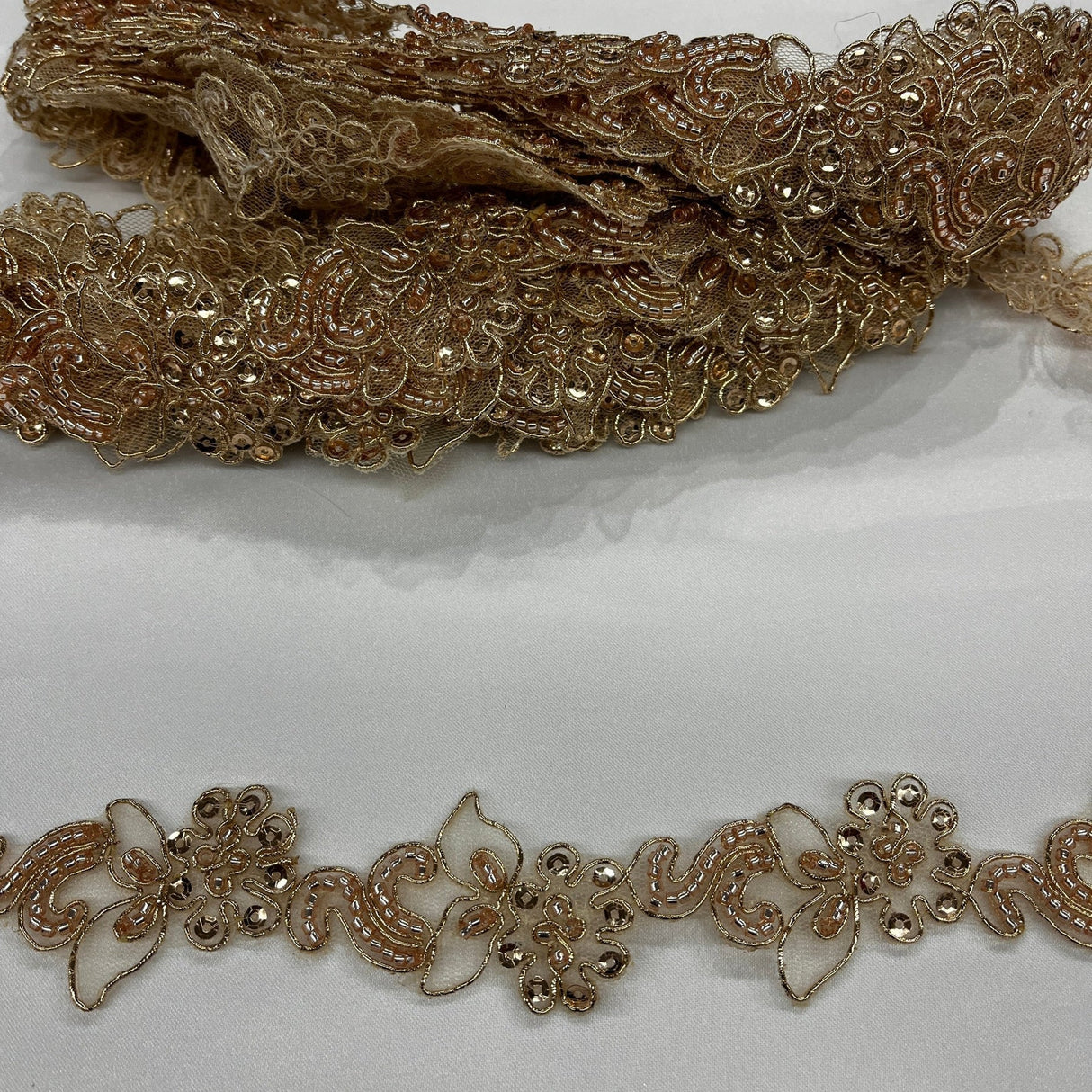 1 Yard Luxury Beaded and Corded Lace Trimming Embroidered on Fine Polyester Organza for Dresses 2 Inch Width