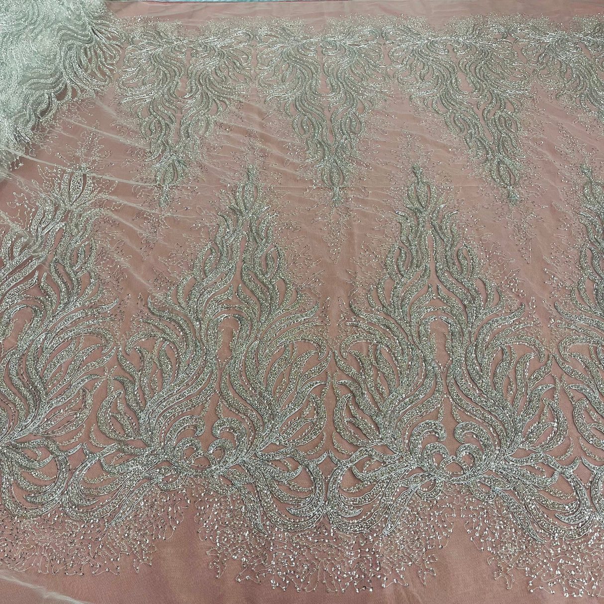 1 Yard Beaded, Corded & Sequined Bridal Lace Fabric on Polyester Net Mesh 54" Wide Couture Fabric