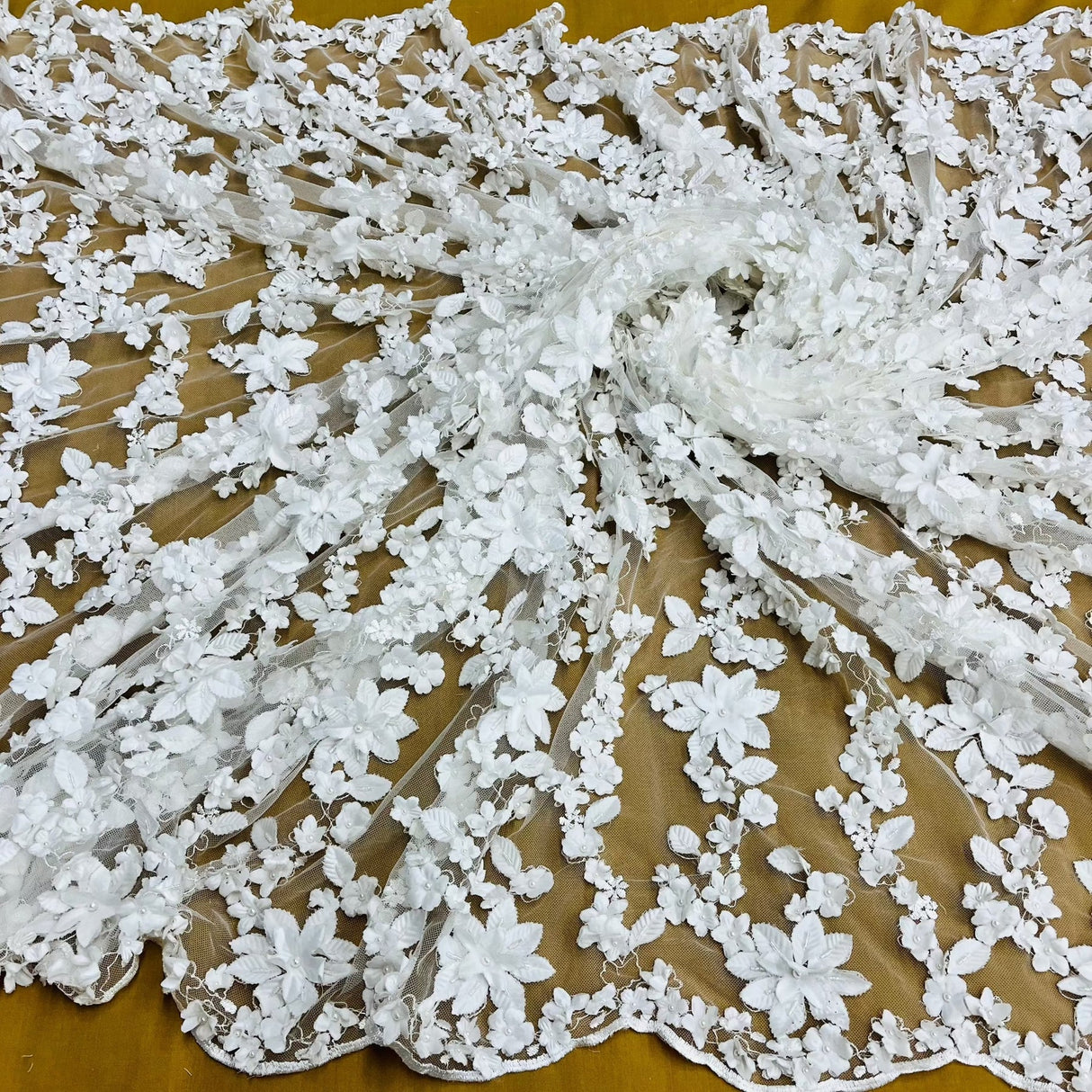 1 Yard Beaded 3D Floral Lace Fabric on Polyester Net Mesh, Off White, 44" Wide
