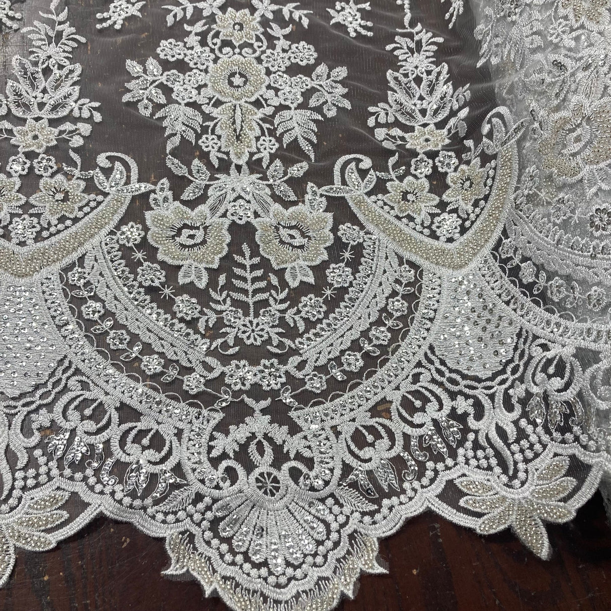 1 Yard Exquisite White Hand-Beaded Lace Fabric on 100% Polyester Net Mesh 51 inch Width