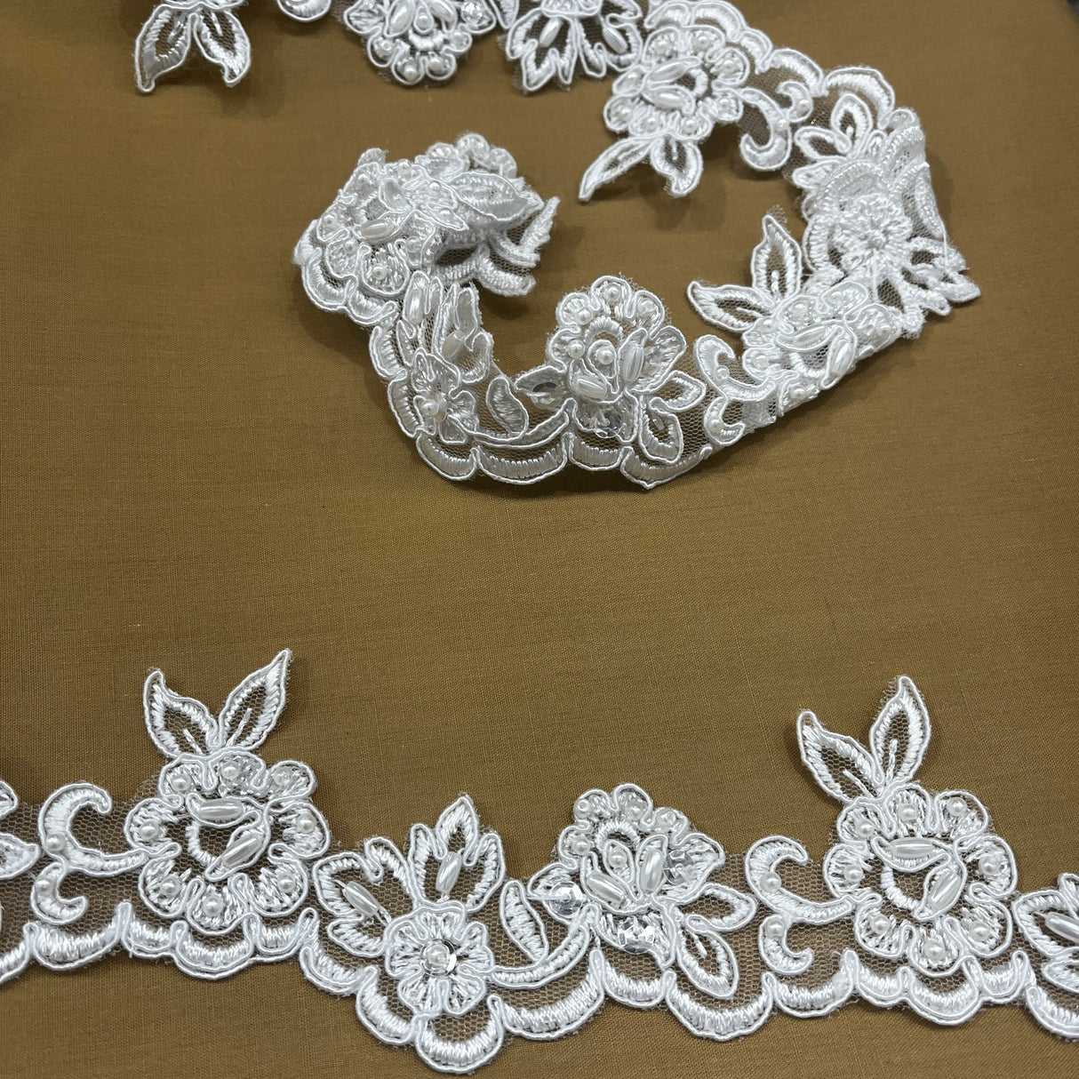 1 Yard Beaded Corded Lace Trimming Embroidered on Polyester Net Mesh