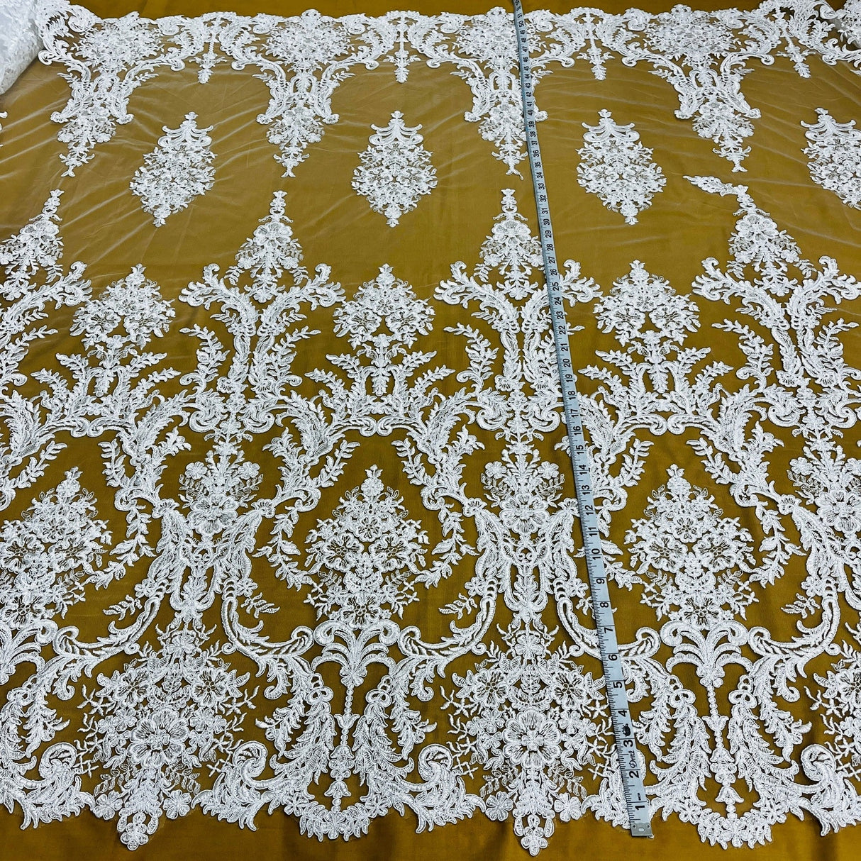 1 Yard Classic White Corded Bridal Lace Fabric on Polyester Net Mesh 52 inch Width