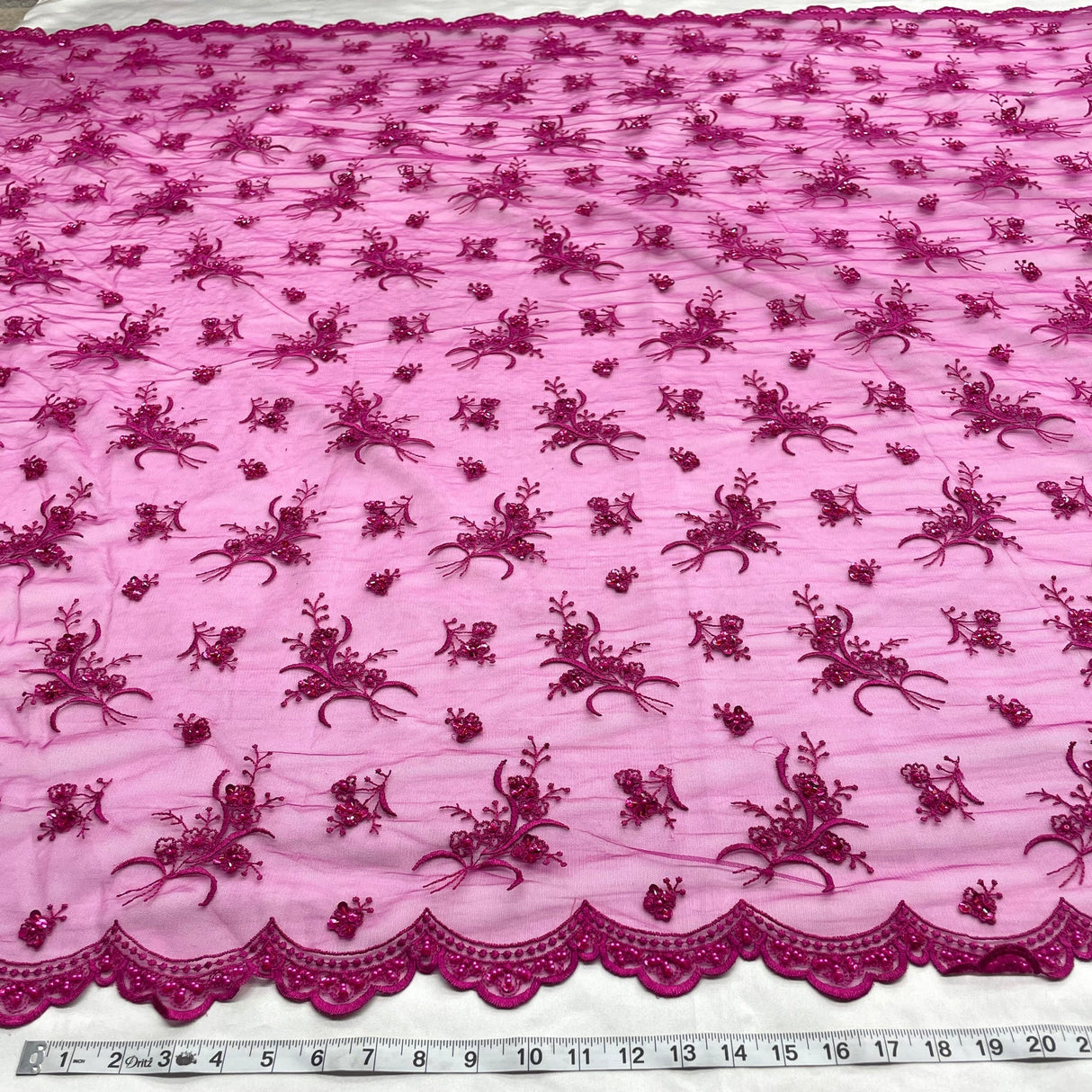 1 Yard Lace Beaded Fabric Fuchsia Polyester Net Mesh with Beads Pearls Sequins, 54 Inches Wide