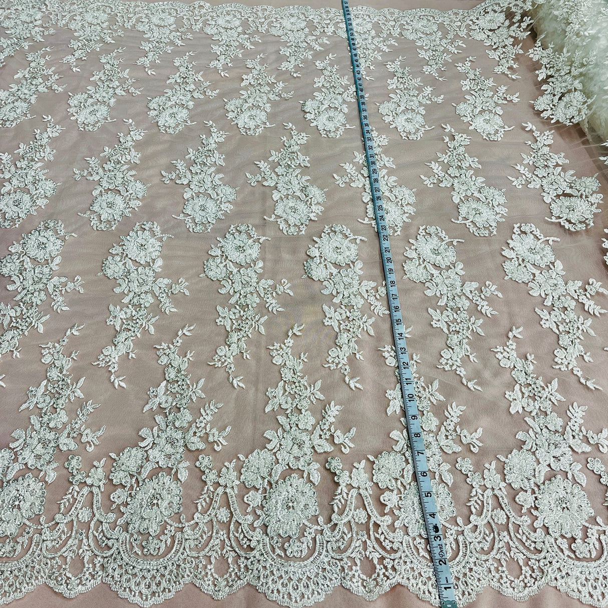 1 Yard Gold Beaded Corded Bridal Lace Fabric on Polyester Mesh, 53" Wide, Embroidered Luxury Fabrication